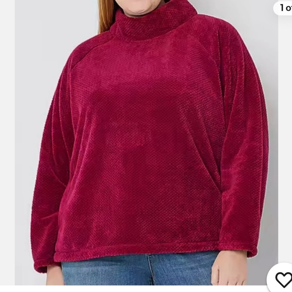 St John's Bay Elegant Burgundy Cowl Neck Sweater, Sherpa Pullover, Size XL.